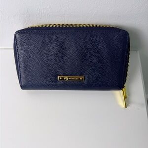 Joy Mangano Blue Zip Around Wallet Womens Leather Organizer Clutch Navy Gold